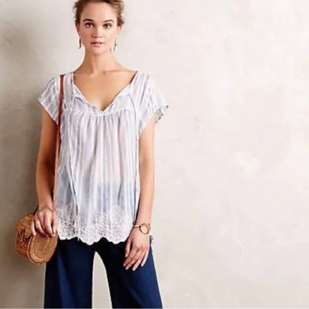 Anthropologie Vanessa Virginia Gauze Blue White Embroidered Cotton Boho Top XS